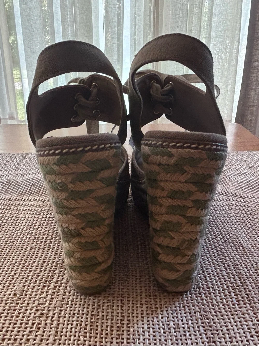 Tory Burch Wedge Sandals w/Brown Canvas,Peep Toe,Slingback & LaceUp Detail. 11